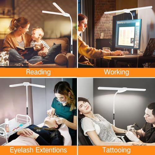 OUTON LED Floor Lamp with Double Head, 18W 1800LM, Super Wide & Bright, Height Adjustable, Remote & Touch Control, Memory Function, Dimmable Standing Lamp for Reading, Working, Sewing, Drawing, White