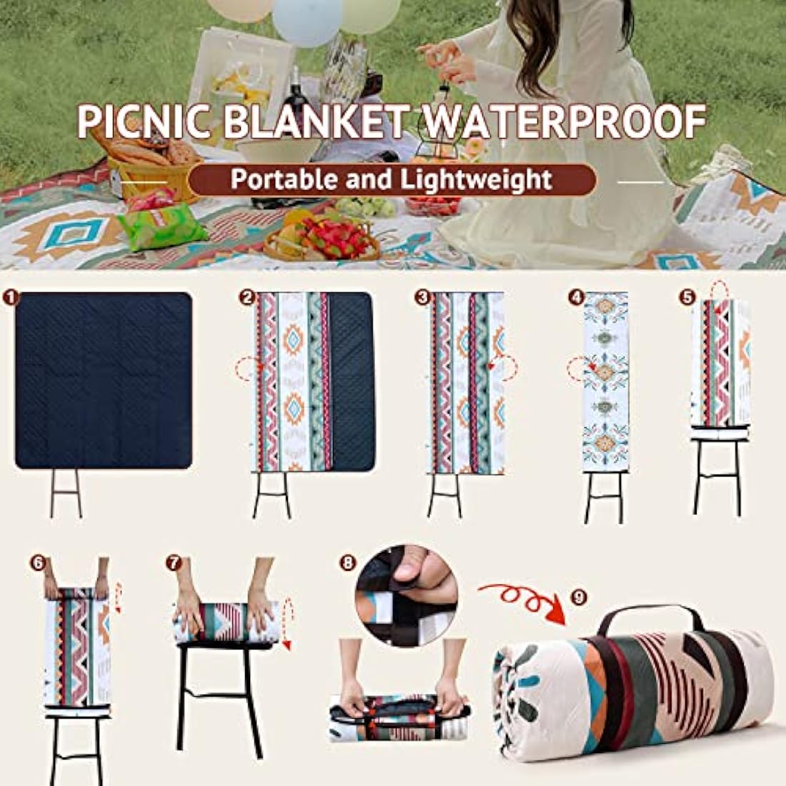 LARUTAN Waterproof Picnic Blanket, 200x200CM Large Beach Blanket Outdoor Picnic Mat, Beach Mat with Carrying Handle Sandproof Heatproof for Camping, Beach, Family Picnic Seattle