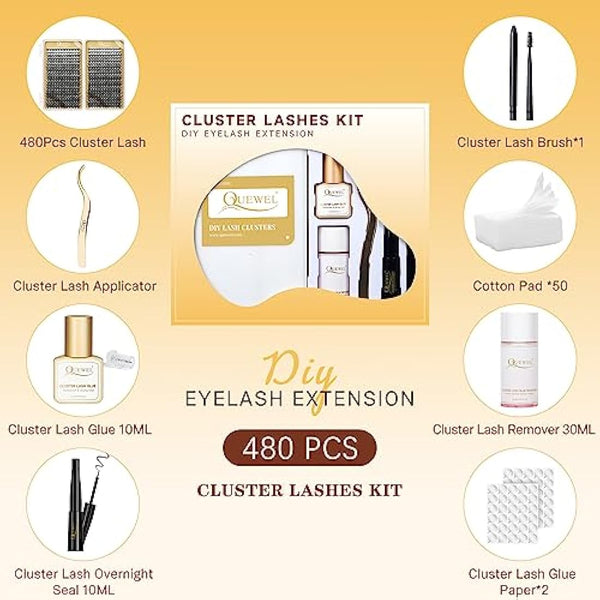 Individual Lashes 480 Cluster Lashes QUEWEL DIY Lash Extensions Kit, Eyelashes Applicator, Lash Cluster Glue Remover, Long-lasting Lash Glue and Overnightseal for Beginner to Apply(Mega D MIX)