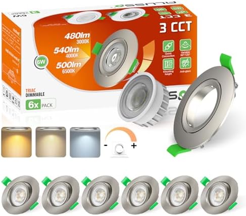 ALUSSO Tilt LED Downlights Dimmable 6W, 540lm Ultra Slim Spotlights 75-78mm, 3CCT Tilt Recessed Lights Warm White 3000K Natural White 4000K Cool White 6500K for Kitchen Living Room, Nickel