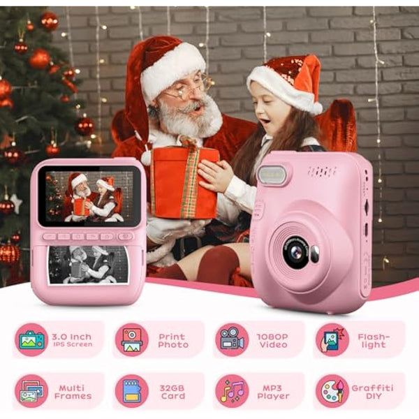 GREENKINDER Kids Camera Instant Print, 3.0'' Large Screen Instant Camera for Kids, 1080P Kids Digital with 32GB Card & 3 Rolls Print Paper, Gift Toy Selfie for Girls Age 3-12, Pink