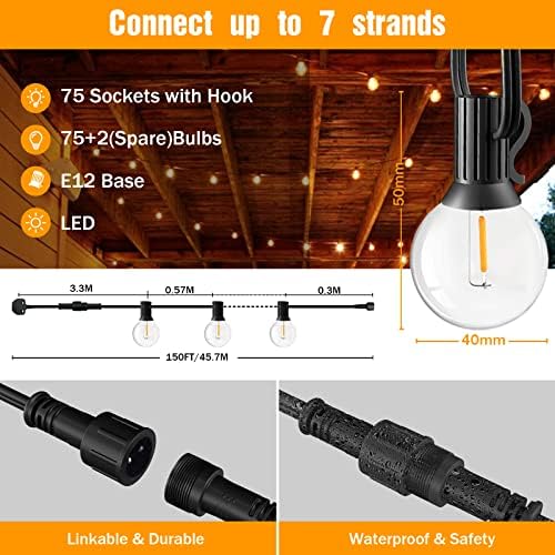 GLUROO Outdoor LED String Lights Mains Powered 45.7M/150FT,Garden Festoon Lights with 75+2 G40 Plastic Bulbs,Waterproof Connectable Hanging Lights for Patio,Porch,Christmas Party