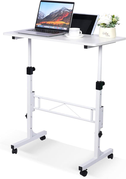 Standing Desk Adjustable Height, Mobile Stand Up Desk with Wheels Small Computer Desks, Home Office Desk, Rolling Desks, Portable Laptop Desk White Standing Table 80 x40 cm Height 70-110 cm