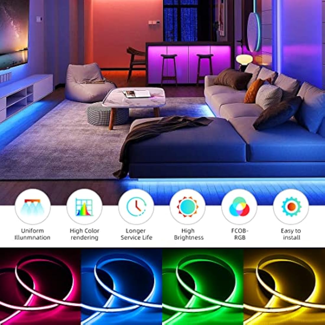 BTF-LIGHTING FCOB COB RGB Flexible High Density LED Strip 5M 840LED/M 4200LEDs DC24V 16W/M IP30 Non Waterproof Multicolour for DIY Home Decoration (Power Supply&Controller NOT Included)
