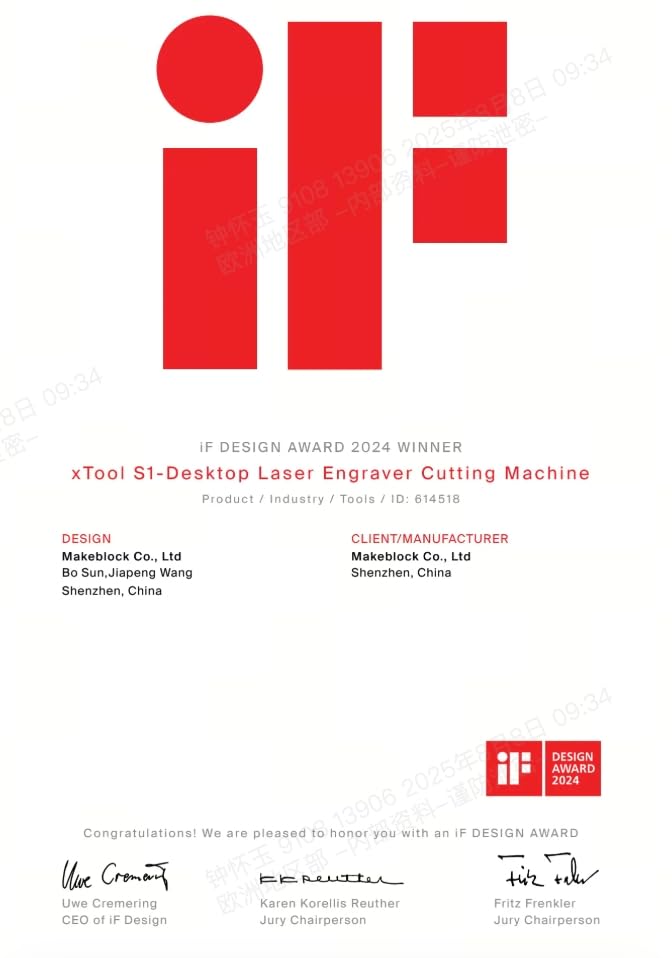 xTool S1 20W Engraving Machine with Riser Base & Honeycomb Working Sheet & Air Assit & RA2 Pro, Auto Focus, Enclosed Engraver and Cutter for Wood and Metal, Class I Safety CNC Machine