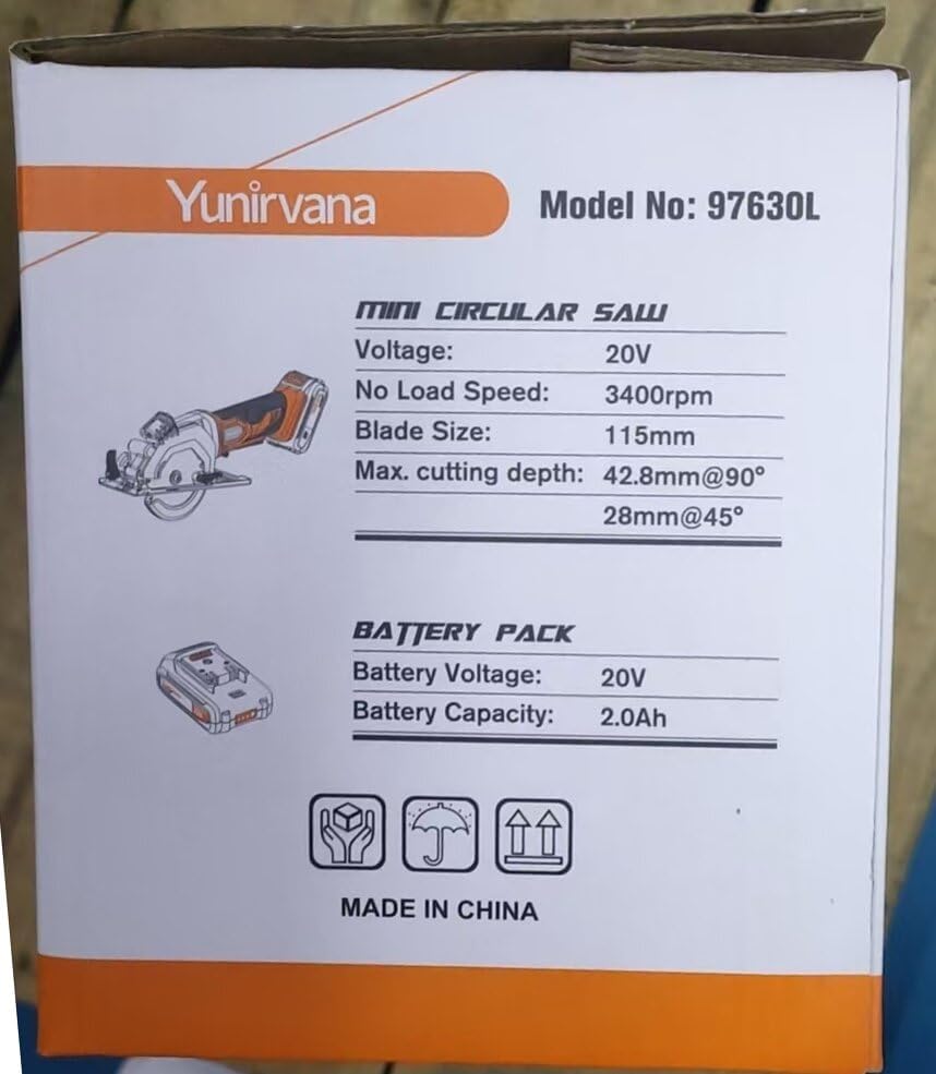 Yunirvana Mini Circular Saw, 20V 3400RPM Professional Cordless Circular Saw, Adjustable Angle and Depth,Max Cutting Depth 42.8mm (90°), 28mm(45°),Laser Guide,Blade 115mm