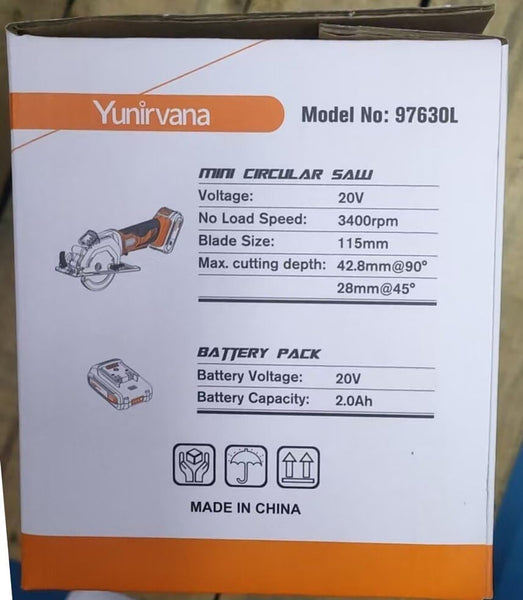 Yunirvana Mini Circular Saw, 20V 3400RPM Professional Cordless Circular Saw, Adjustable Angle and Depth,Max Cutting Depth 42.8mm (90°), 28mm(45°),Laser Guide,Blade 115mm