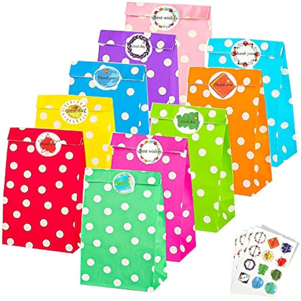 50 PCS Paper Party Bags for Kids, TOOELMON Dots Kraft Paper Gift Bags Candy Goodie Treat Bags with 60 PCS Stickers for Birthday, Picnic, Wedding Parties (130 * 80 * 240mm, Round Dot-50pcs)