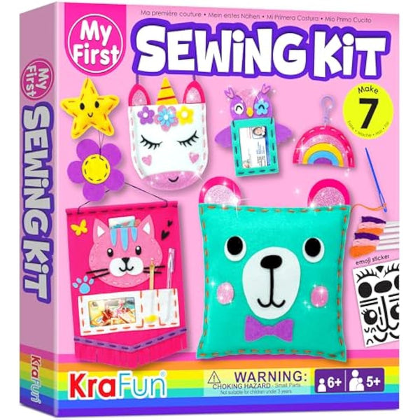 KRAFUN My First Sewing Kit for Kids Ages 5-9, Beginner Art & Craft with 6 Easy Doll, Pillow, Bag, Ornament Projects, Plush Felt, Safe Plastic Needle, Instructions Learn Sewing, Embroidery