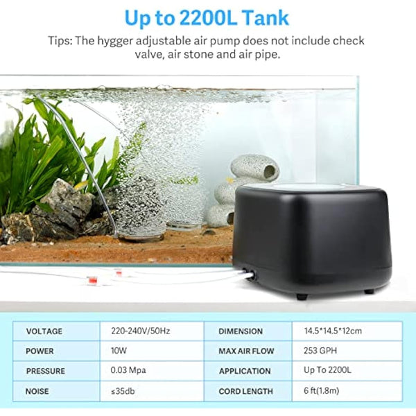 hygger Aquarium Air Pump,Ultra Silent Fish Tank Air Pump for Aquarium with 2 Air Outlets, 10W High Energy Saving 4 Speed Airflow Adjustable Oxygen Pump for Fish Tank Up to 2200 Liter
