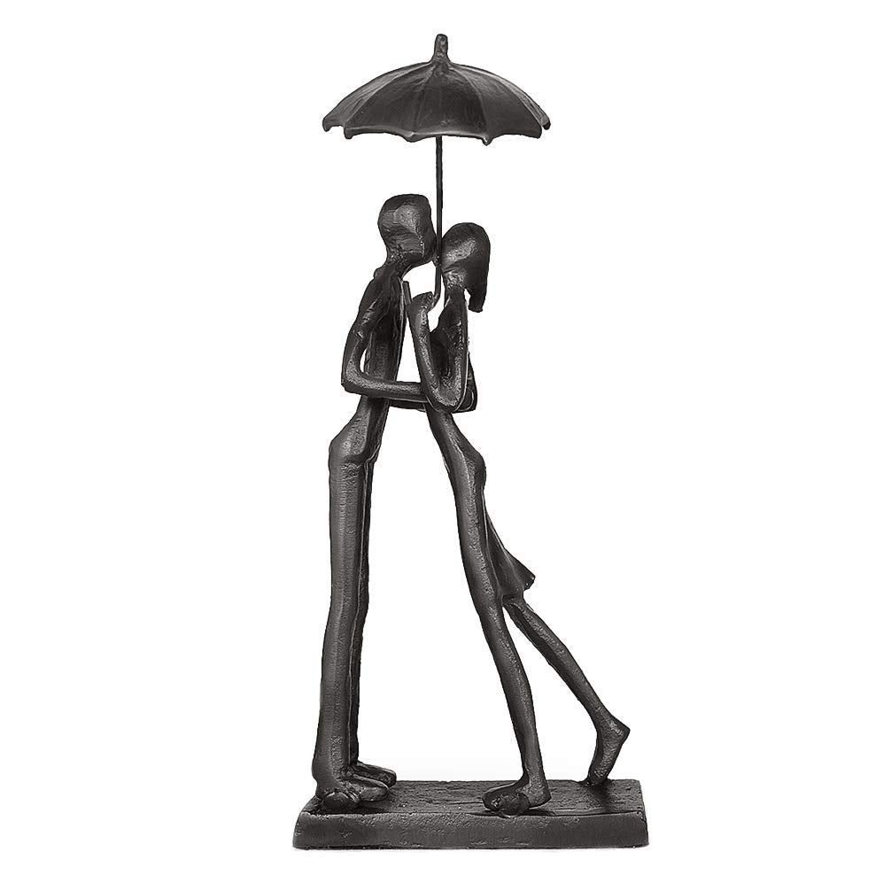 Aoneky Affectionate Couple Art Iron Sculpture, Passionate Love Statue Romantic Metal Ornament Figurine Home & Office Decoration (Hold Umbrella Kiss)