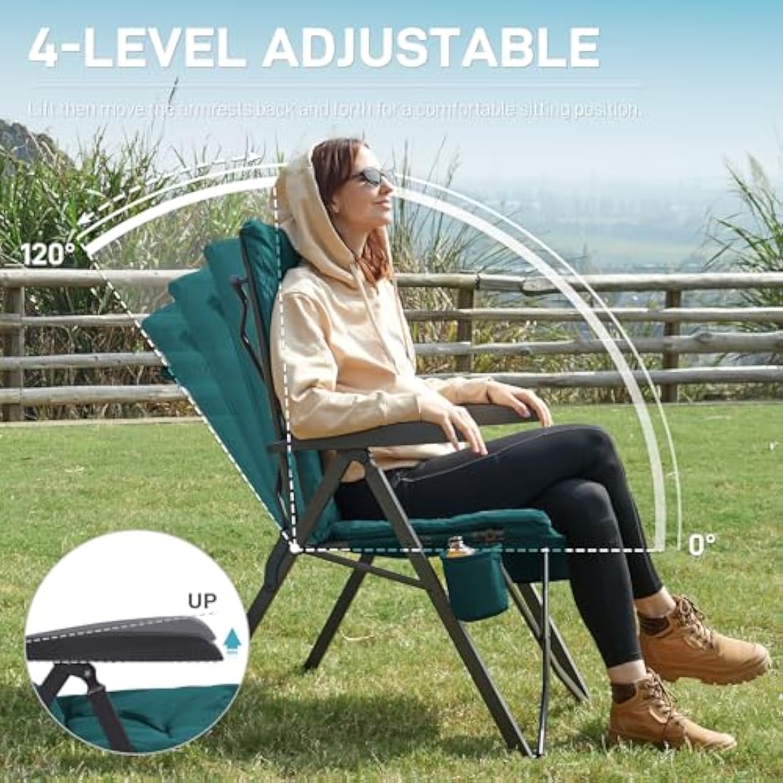 EVER ADVANCED Luxury Camping Chairs for Adults Heavy Duty High Back Oversized Folding Garden Chair Comfy Padded 6cm Loadable 150kg Camp Adjustable Dining Chairs 4-Position Recliner Deck Green