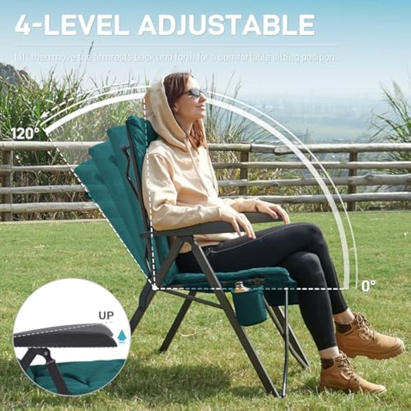 EVER ADVANCED Luxury Camping Chairs 2 Set for Adults Heavy Duty High Back Oversized Folding Garden Chair Comfy Padded 6cm Loadable 150kg Cam Adjustable Dining Chairs 4-Position Recliner Green