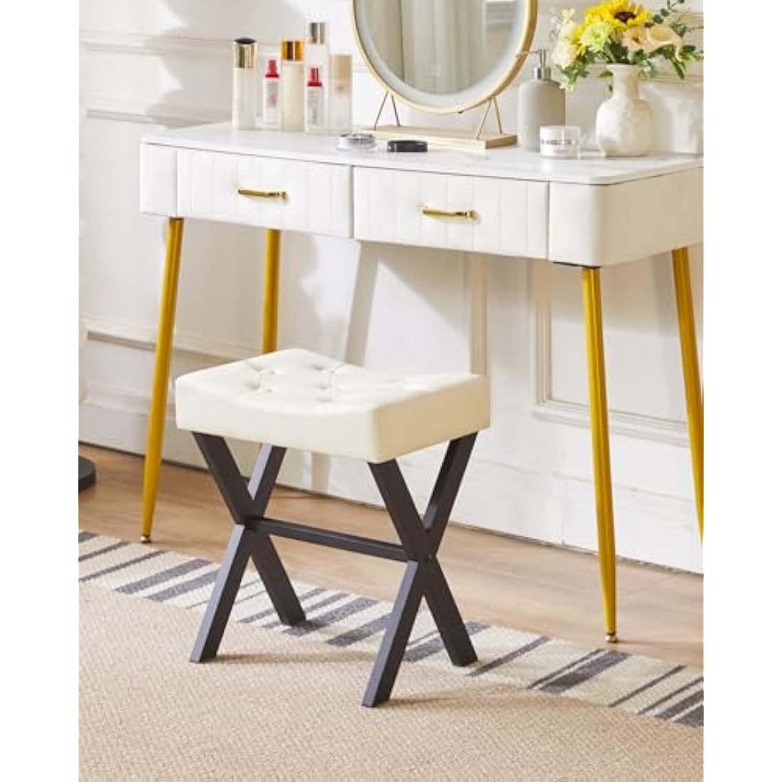 IBUYKE U-shaped PU Vanity Stool, Square Makeup Stool with X-Leg, Ottoman Seat Footrest Stool, Multi-Use as Small Side Table, for Bedroom, Living Room, White WBD019W