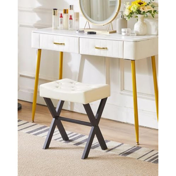 IBUYKE U-shaped PU Vanity Stool, Square Makeup Stool with X-Leg, Ottoman Seat Footrest Stool, Multi-Use as Small Side Table, for Bedroom, Living Room, White WBD019W