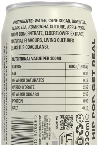 Hip Pop Kombucha, Apple & Elderflower, Low Calorie, 100% Natural, Vegan, Branding of Cans May Vary, 24 x 330 ml