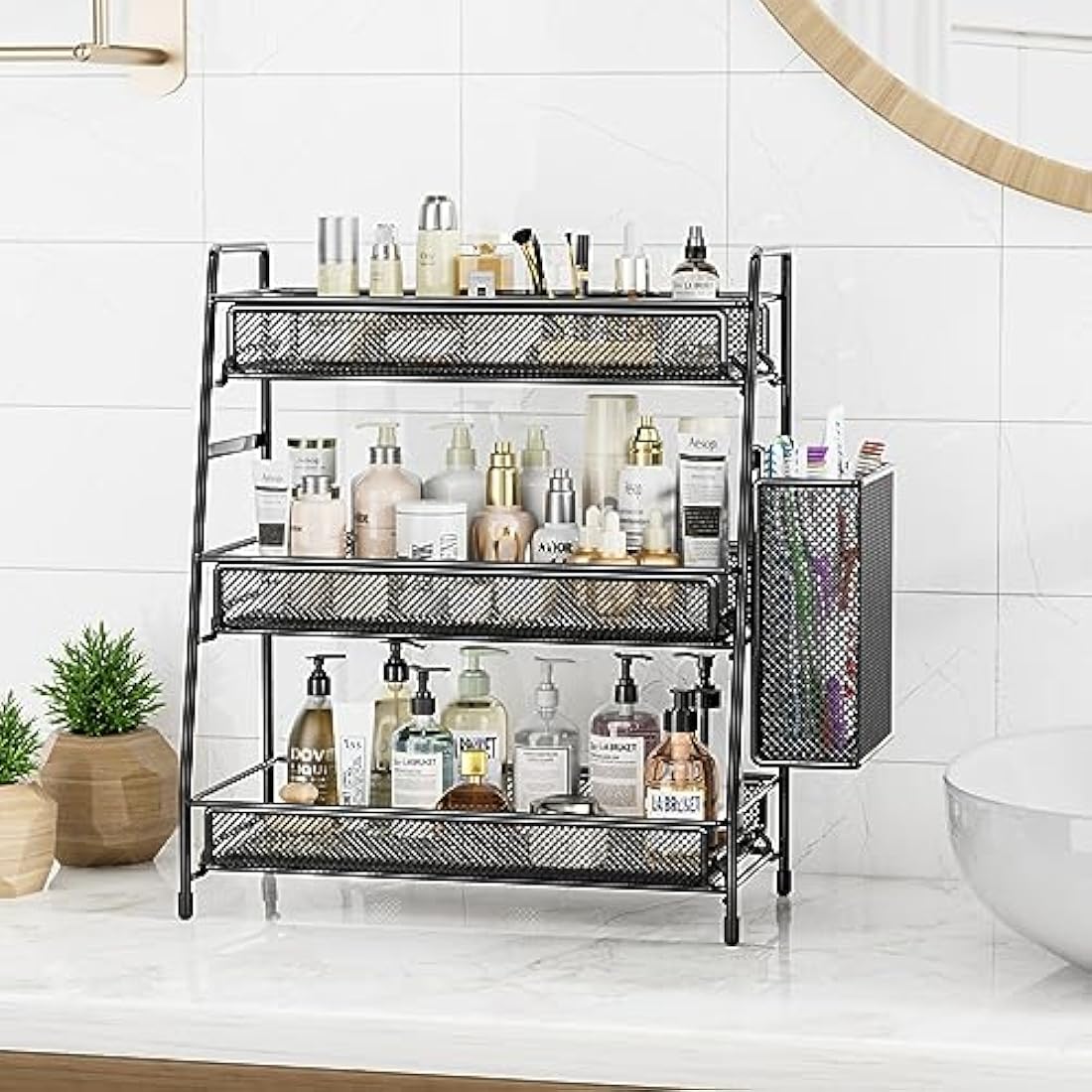 EKNITEY Bathroom Countertop Organiser Shelf - 3 Tier Counter Spice Rack Metal Makeup Rack Small Coffee Station Organizer for Sink/Bedroom/Living room/Kitchen/Office Balck