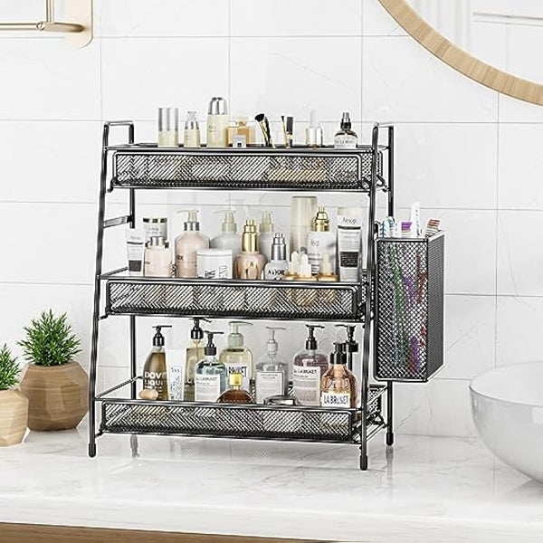 EKNITEY Bathroom Countertop Organiser Shelf - 3 Tier Counter Spice Rack Metal Makeup Rack Small Coffee Station Organizer for Sink/Bedroom/Living room/Kitchen/Office Balck