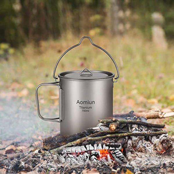 HUIOP titanium pot, Ultralight 750ml Titanium Pot Portable Titanium Water Mug Cup with Lid and Foldable Handle Outdoor Camping Cooking Picnic