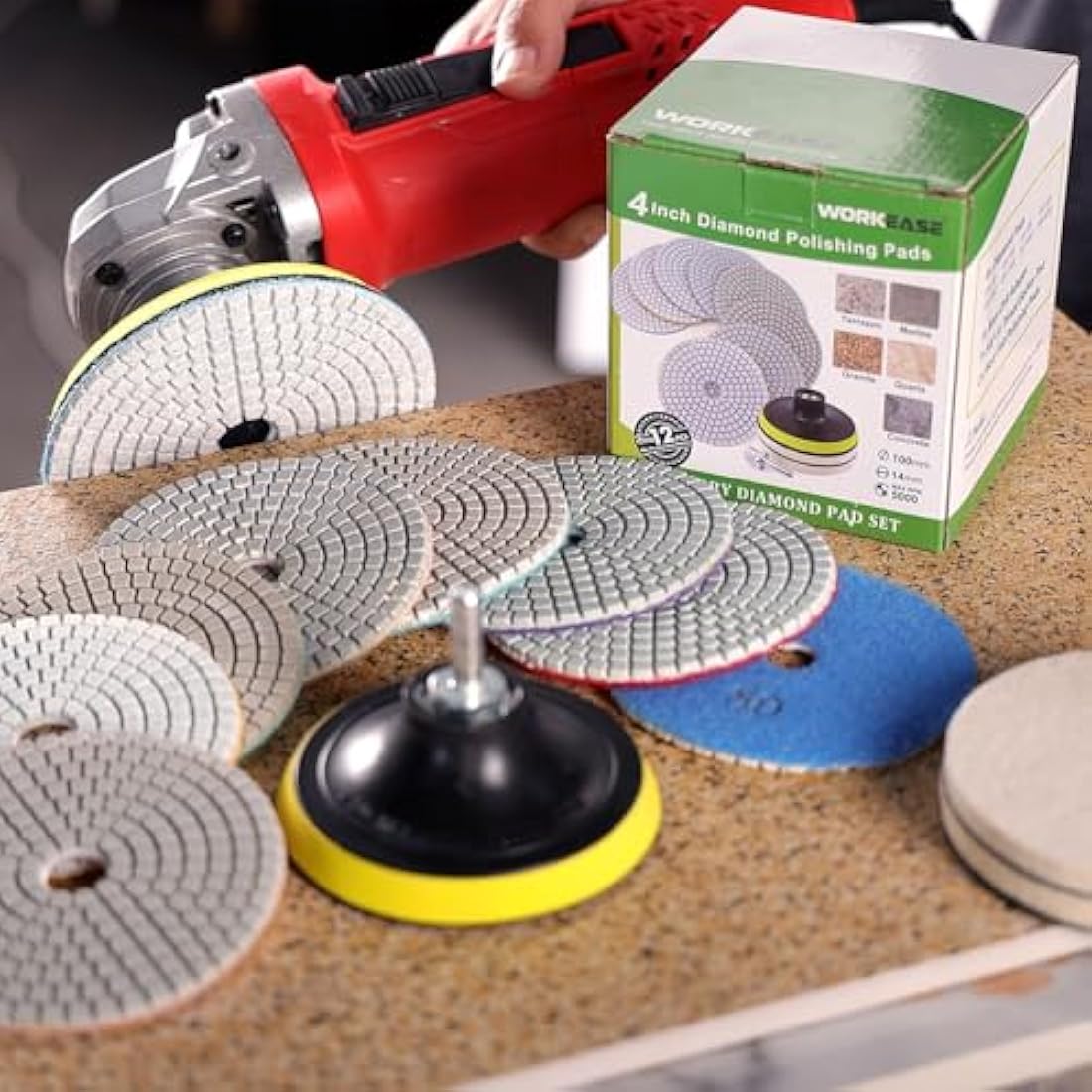 4 Inch Diamond Polishing Pads with 5/8’’-11 Backer Pad, 12PCS Wet/Dry Granite Stone for Drill, Grinder, Polisher, 50-6000 Grit Polishing Pad for Concrete Marble Stone Countertop Quartz