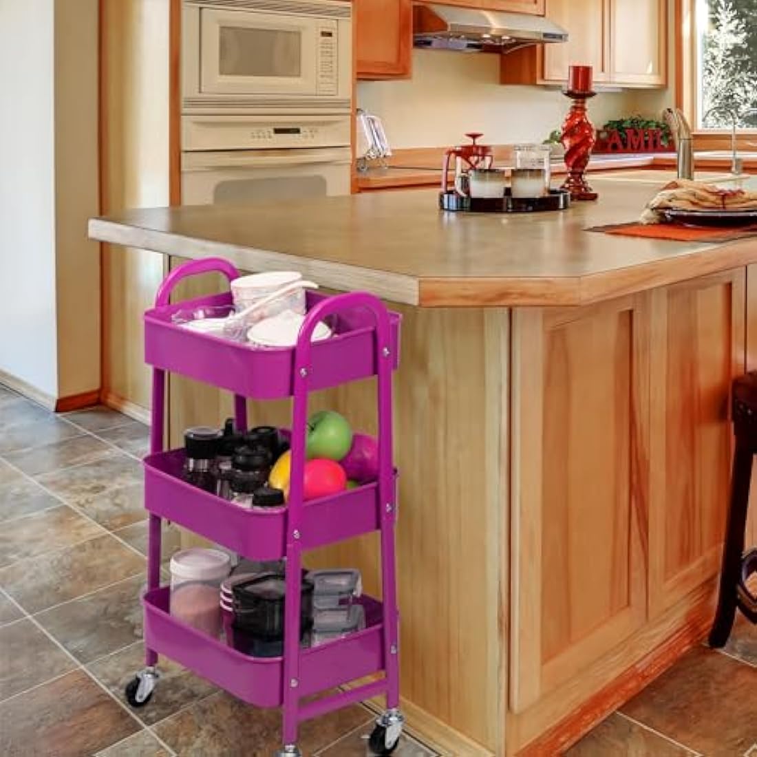 DOEWORKS Storage Trolley Metal 3-Tier Storage Cart on Wheels Rolling Kitchen Trolley Craft Trolleys Beauty Trolleys Utility Shelves for Books Room Bathroom Office, Dark Purple
