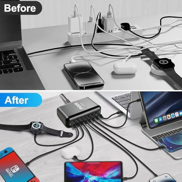 600W USB C Charger 8-Port Fast GaN Charger 140W/100W/30W USB C Charging Station Multi Port Power Adapter for Laptop, MacBook Pro, Dell XPS, iPad, iPhone, Samsung