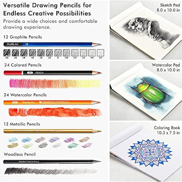 Shuttle Art 103 Pack Sketching and Drawing Set, Sketch Books, Graphite and Colouring Pencils in Sturdy Zipper Case, Art Supplies for Artists, Beginners, Adults