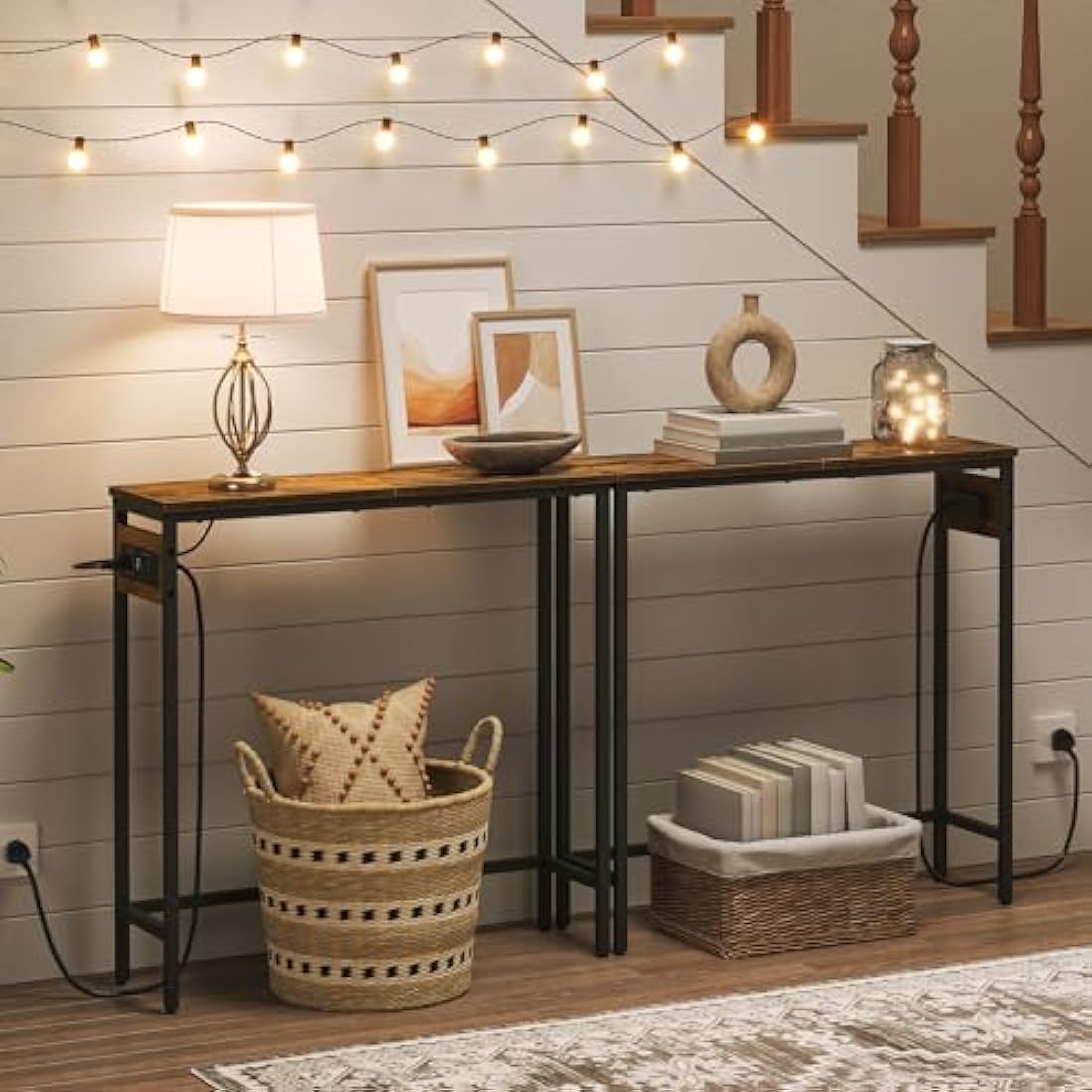HOOBRO Console Table with Power Outlets, Slim Console Table with Charging Station, Hallway Table, Narrow Sofa Table for Small Space, Hallway, Entryway, Living Room, Rustic Brown and Black EBF75KXG01G1