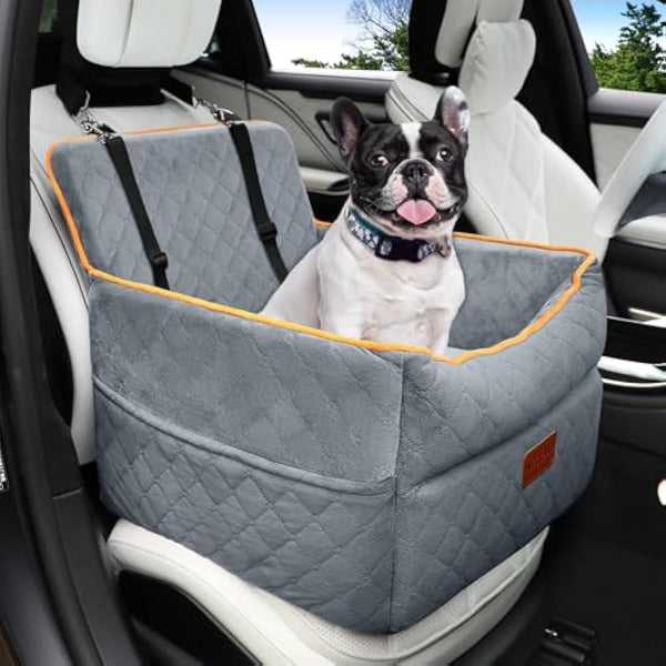 HEGGCOOE Small Dog Car Seat, Memory Foam Dog Booster Seats with Thick Cushion for Medium Dogs Under 35lbs, Detachable Washable Pet Car Seat with Storage Pockets,2 Safety Belts
