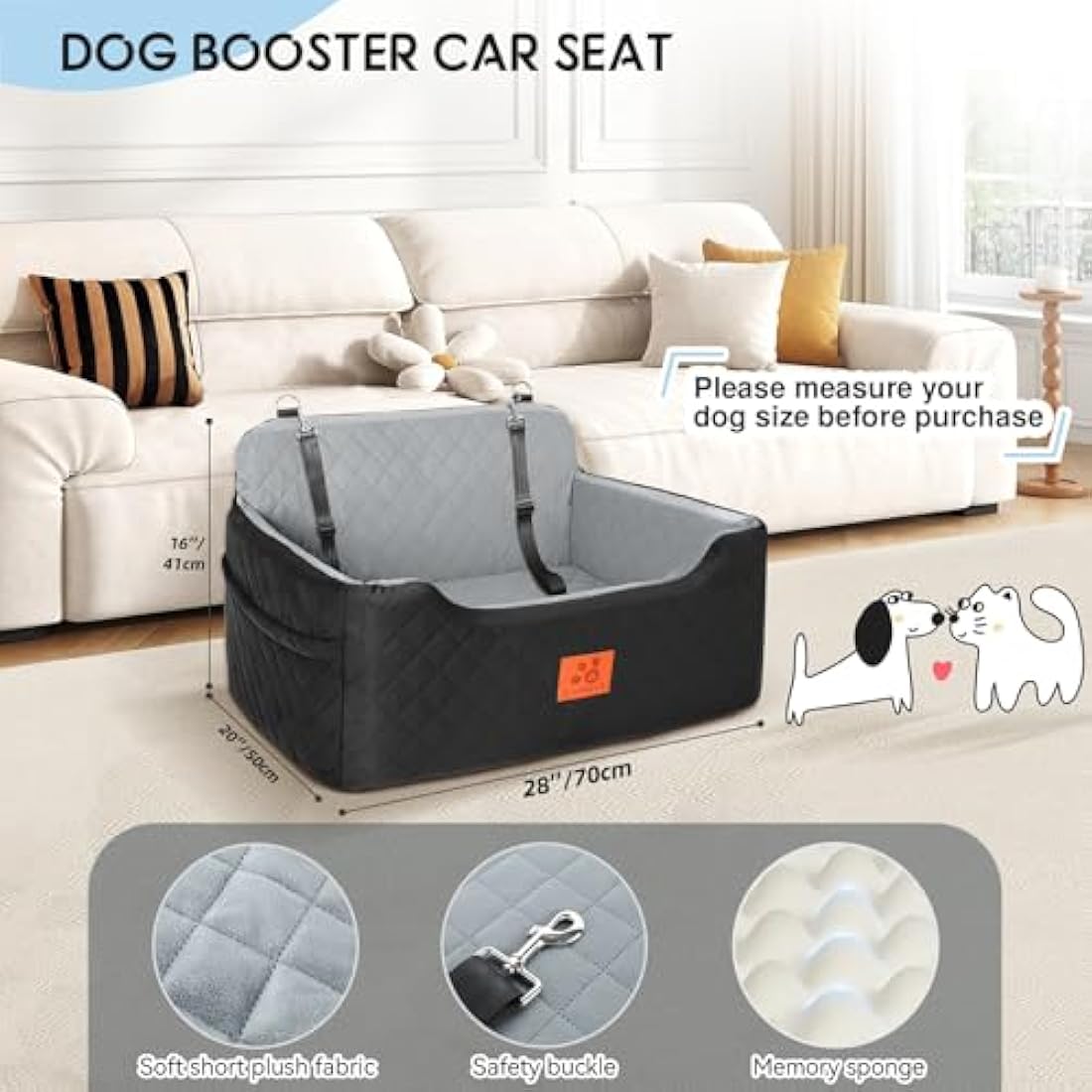 Dog Car Seat for Medium/Large Dogs, Dog Booster Seat for Dog Under 50lbs or 2 Small Dogs, Detachable and Washable Pet Car Seat, Multi-Functional Travel Dog Bed & Dog Sofa(Black/Grey)