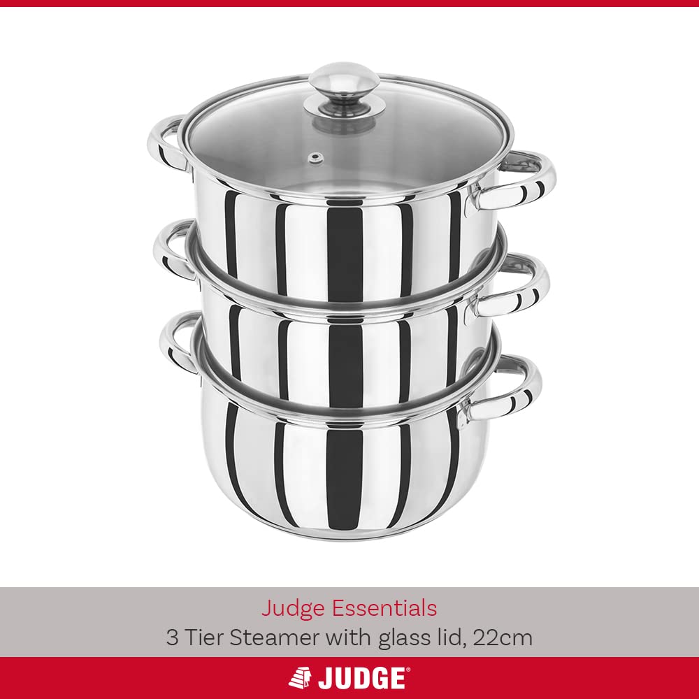 Judge Essentials Stainless Steel 3 Tier Steamer 22cm, Vented Glass Lid, Integral Casserole Pot, Oven Safe, Induction Ready, 10 Year Guarantee