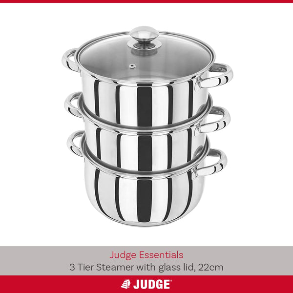 Judge Essentials Stainless Steel 3 Tier Steamer 22cm, Vented Glass Lid, Integral Casserole Pot, Oven Safe, Induction Ready, 10 Year Guarantee