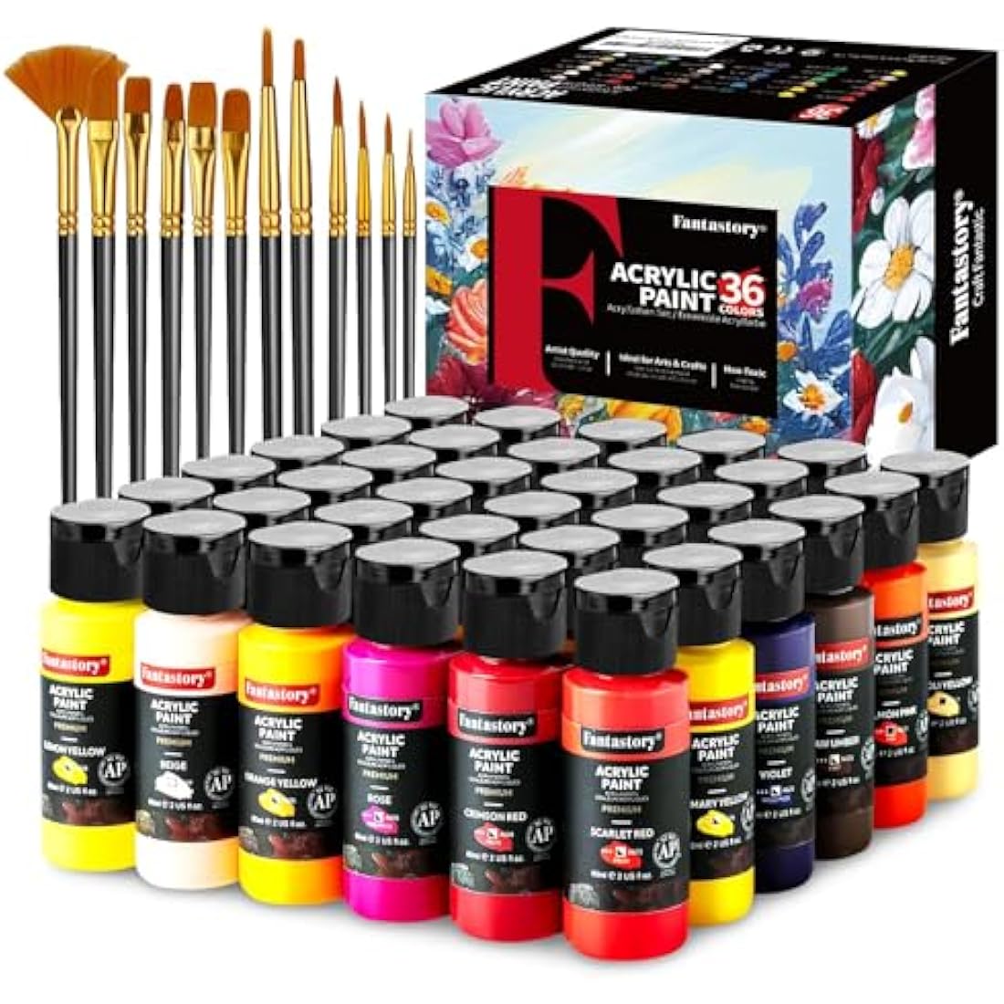 Fantastory Acrylic Paint Set 36 Colors(2oz /60ml) with 12 Brushes, Professional Craft Thick Paints Kits for Adults and Kids, Canvas Wood Fabric Ceramic Rock Painting Supplies