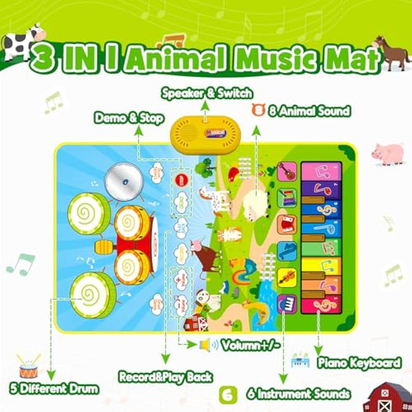 HappyGoLucky Musical Toys for 1 2 Year Old Boys, 3 in 1 Animal Piano Drum Mat with 19 Sound & Recording Function Toddler Toys 1 2 Year Old Boy Gifts, 1st Birthday Gifts for Boys Easter Gifts for Kids