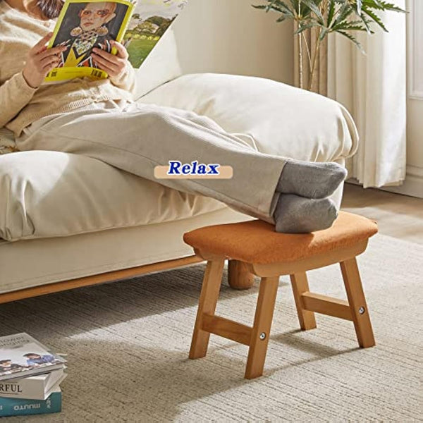 Aibiju Wooden Footstool, Foot Stool Ottoman Pouffe Padded Chair Stool with Removable Cover 4 Beech Legs Suitable for Bedroom, Living Room and Kitchen,(Natural leg + Orange cushion),YDEU-1356