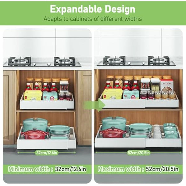 HumiLuft 2PCS Pull Out Cabinet Organiser, 32-52cm Extendable Slide Out Kitchen Drawer Adhesive,Upgrade 3-Rails Slide Drawers Storage Shelves with Rail System for Kitchen Base Cabinet Organization