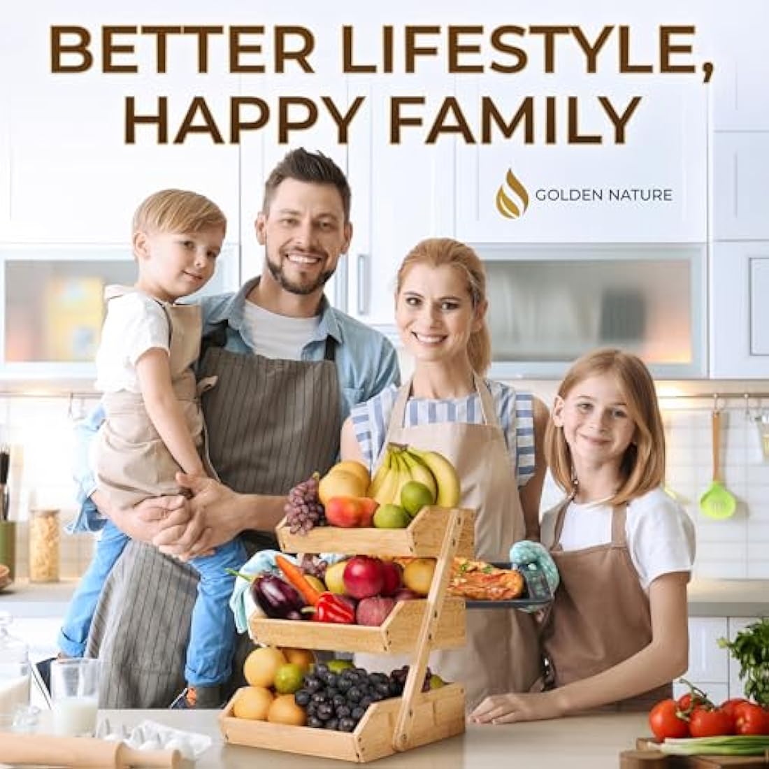Golden Nature - Fruit Basket - 3-Tier Bamboo Fruit & Vegetable Storage Organiser for Kitchen Counter - Lightweight & Easy Assembly Countertop Fruit Stand Holder Bowl w/Included Screws