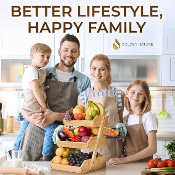 Golden Nature - Fruit Basket - 3-Tier Bamboo Fruit & Vegetable Storage Organiser for Kitchen Counter - Lightweight & Easy Assembly Countertop Fruit Stand Holder Bowl w/Included Screws