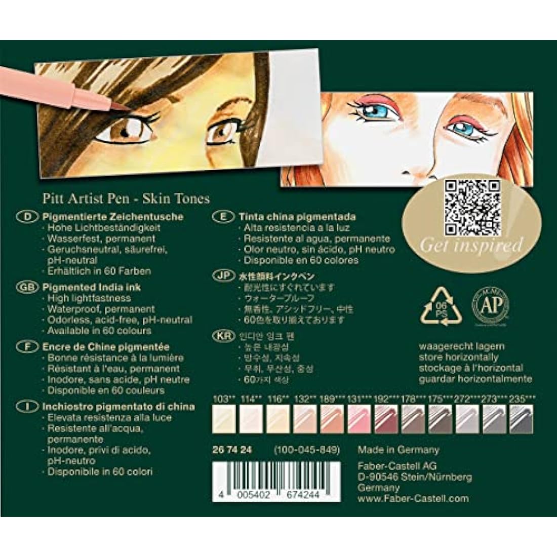 Faber-Castell Art & Graphic Pitt Artist Pen Brush India Ink Pen, Portrait, Set Of 12, For Art, Craft, Drawing, Sketching, Home, School, University, Colouring