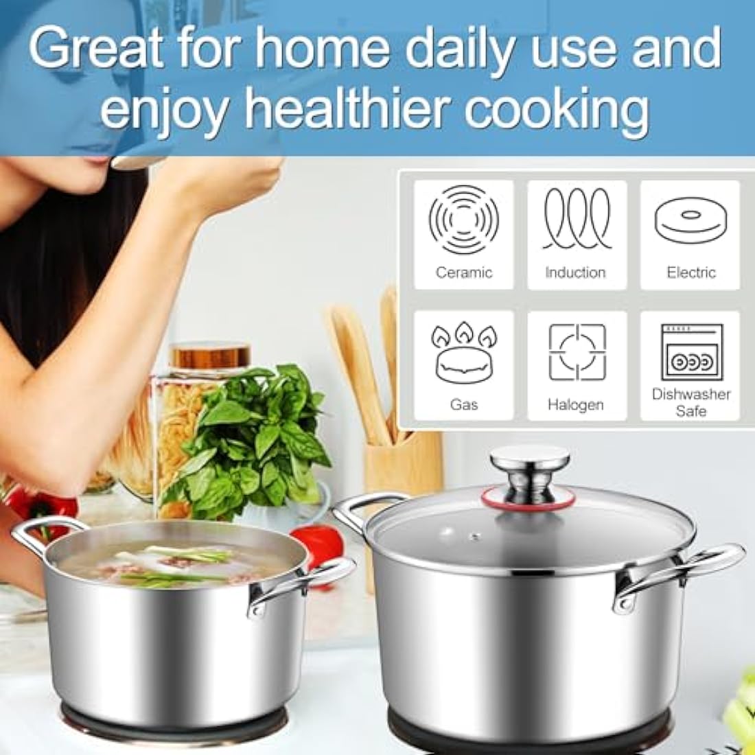 HaWare Stock Pot, 4.5L Tri-Ply Stainless Steel Soup Pot with Visible Lid, 22cm Cooking Stockpot for Induction/Electric/Gas/Ceramic, Healthy & Non Toxic, Easy Clean