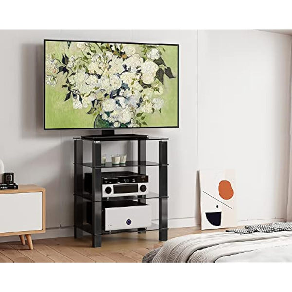 FITUEYES HiFi Rack AV Shelf 4-Tiers Glass TV Stand with Tempered Glass Media Storage Shelves Black