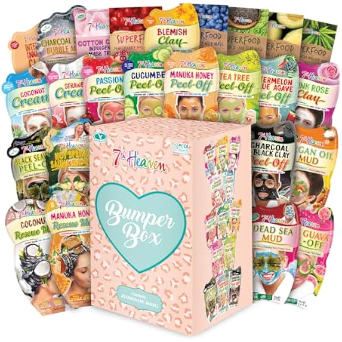 7th Heaven Bumper Box Face Mask Gift Set - Pack of 25 Face Masks - Deeply Moisturising and Skin Rejuvernating & Blemish Repair - Charcoal, Pink Rose Clay & Dead Sea Mud - Suitable For All Skin Types