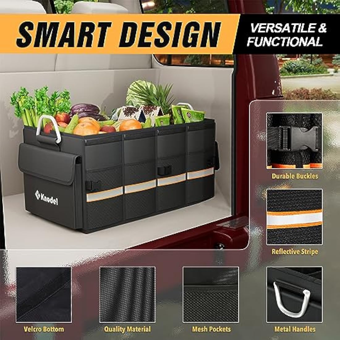 Knodel Car Boot Organiser, Heavy Duty Car Boot Storage with Foldable Cover, Collapsible Car Boot Tidy, Non-Slip Tidy Boot Bag for All Vehicles (Medium, Black)