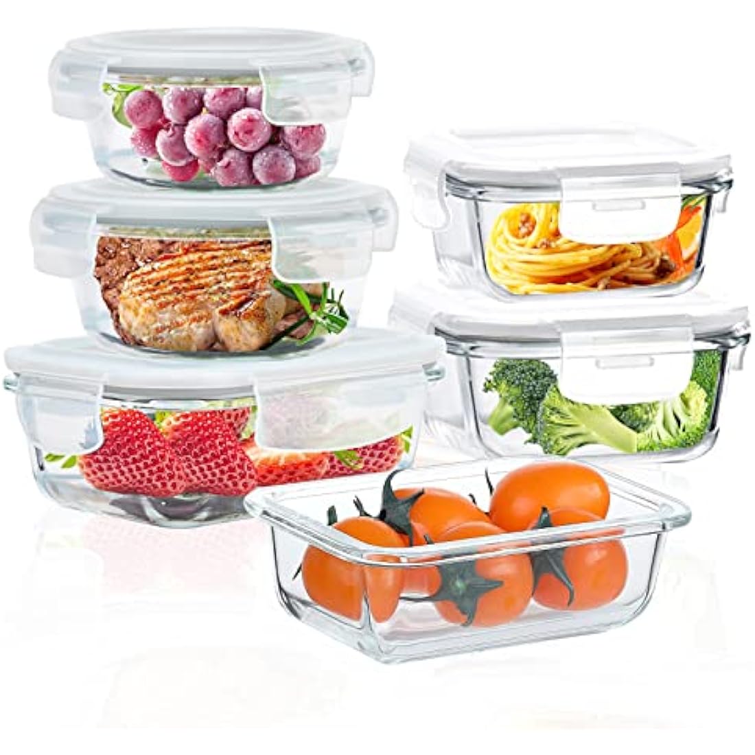 ROSOS Glass Food Storage Containers with Airtight Lids, 6 Pack Super Leak Proof Glass Containers with Lids, Not Easy Broken & BPA Free, Glass Food Containers for Freezer to Oven Safe, Grey