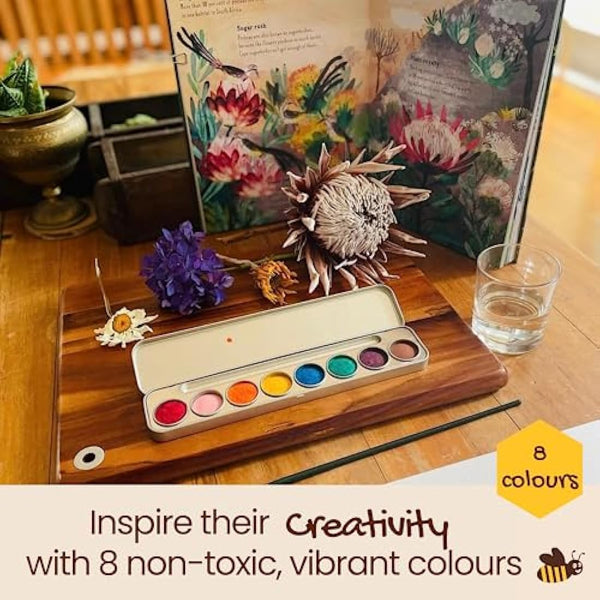 Honeysticks Non Toxic Watercolour Paint Set for Kids and Toddlers - 8 Vibrant and Long Lasting Colours with Brush - Natural and Food Grade Ingredients - Child Safe Art Supplies - Great Gift Idea