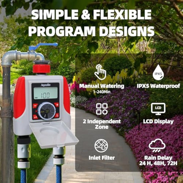 Aqualin Water Sprinkler Timer Two Outlets Electronic Hose Tap Garden Irrigation System Controller Watering Computer Waterproof for Lawn Yard