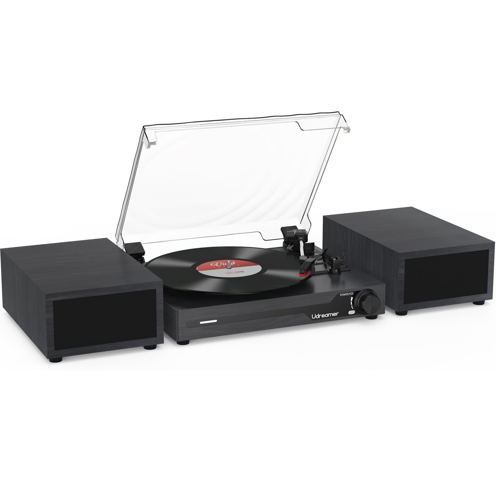 Udreamer Record Player with 2 Dual Stereo Speakers, Vintage Turntable Bluetooth 5.3 Supports 3 Speed, AUX-in, RCA Line, USB, Wireless Playback, Brown