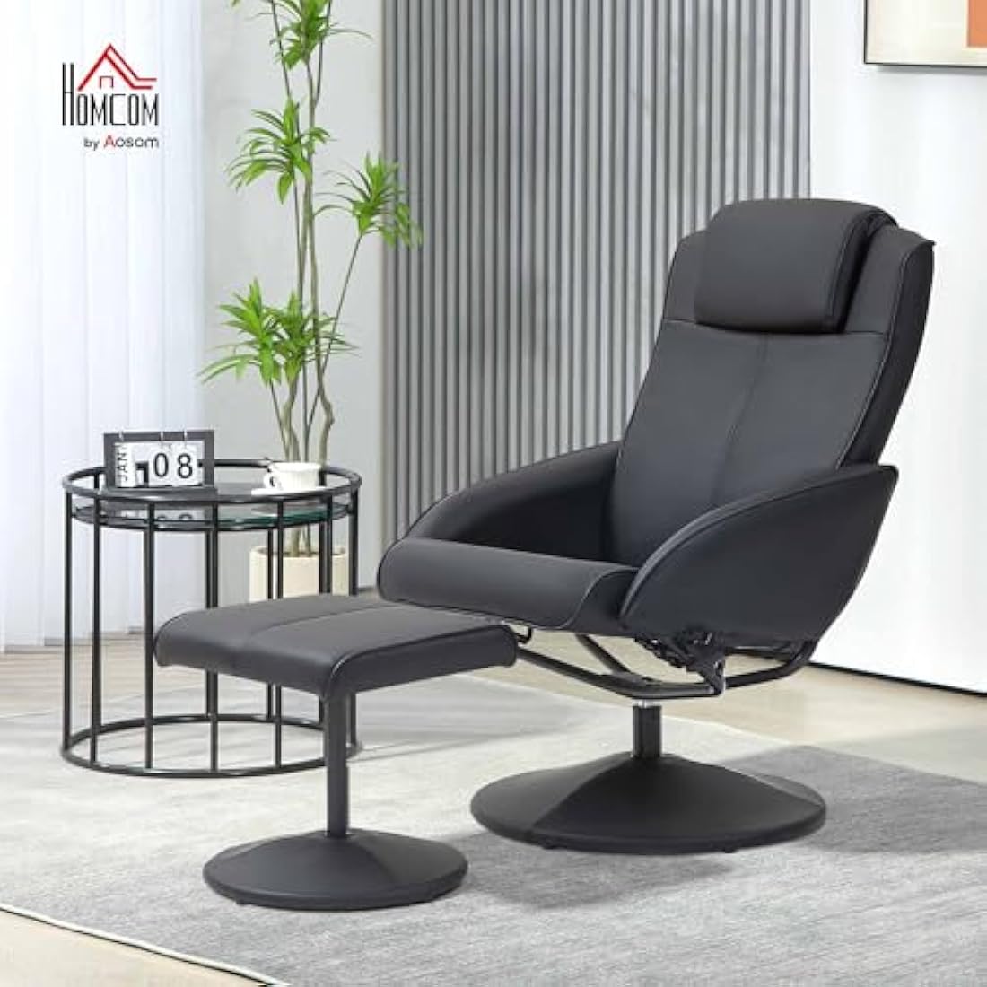 HOMCOM Recliner Chair and Footstool, Swivel PU Leather Upholstered Armchair with Footstool and Adjustable Backrest for Living Room, Bedroom, Black