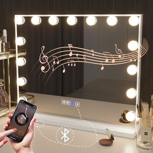 Hansong Bluetooth Hollywood Vanity Mirror with Lights, USB Charging, Touchscreen Control for Bedroom, Large 15 Dimmable LED Bulbs Makeup Mirror
