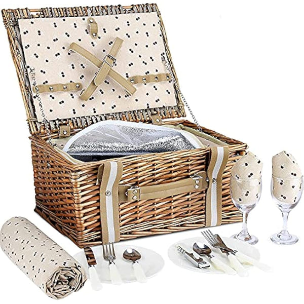 G GOOD GAIN Willow Picnic Basket Set for 2 Persons with Large Insulated Cooler Bag and Waterproof Picnic Blanket,Wicker Picnic Hamper for Camping,Outdoor,Valentine Day,Chirtmas,Thanks Giving,Birthday.